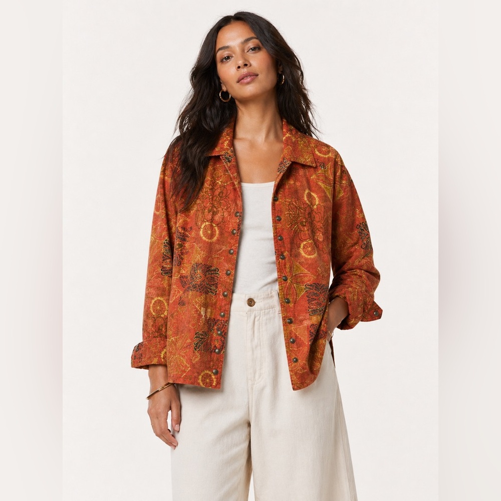 Women jacket Citrus Retro 70s Linen novelty lagenlook Art Wear 1X western boho